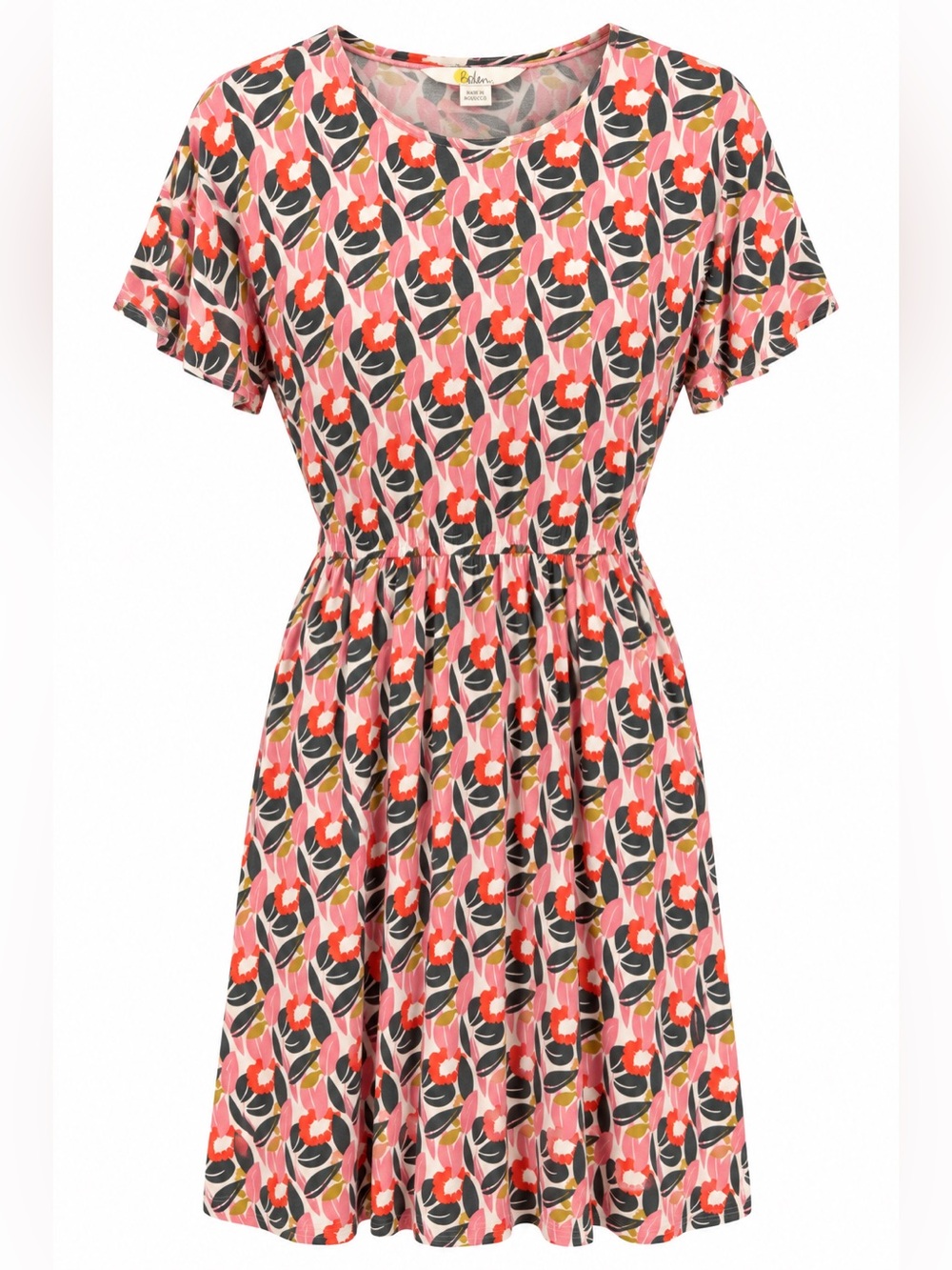 Boden Flutter Sleeve Retro Floral Jersey Mini Dress Pink Orange Size 16